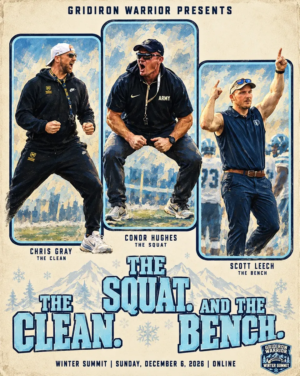 Gridiron Warrior Winter Summit poster. Chris Gray, The Clean. Conor Hughes, The Squat. Scott Leech, The Bench. Sunday, December 6, 2026. Online.